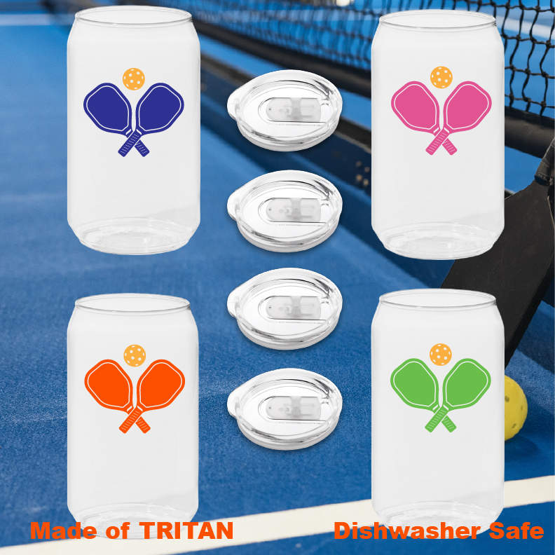 PICKLEBALL Set of 4 Tritan Unbreakable Can Cups with Lids