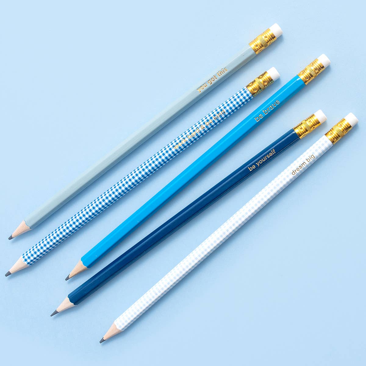 Pencil Set - Motivational - Asst Blues + Gingham - 5 Pc Set